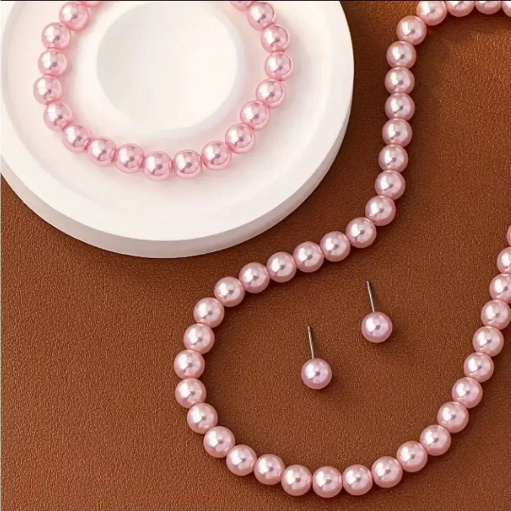 Faux Pink Pearl Necklace, Earrings, and Bracelet Set